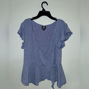 Bobeau Navy Gingham Wrap Blouse